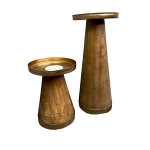 Decocrated Candle Holders Wood Gold Metal Pair Set of 2 Fall 2021 Box NIB
